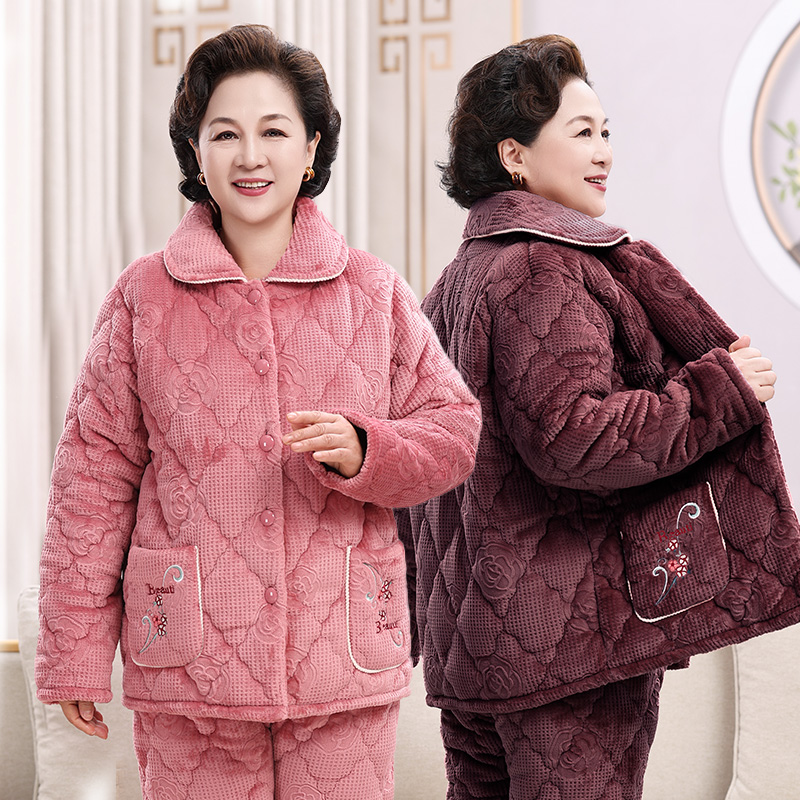 冬季珊瑚绒夹棉家居服女冬三层加厚中老年妈妈款大码长袖女士老人