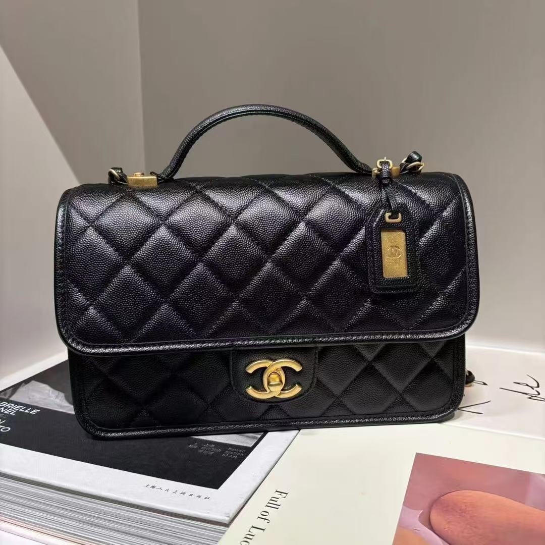 99新 Chanel/香奈儿 HIHI/22K 黑金荔枝纹横版邮差包/11191211