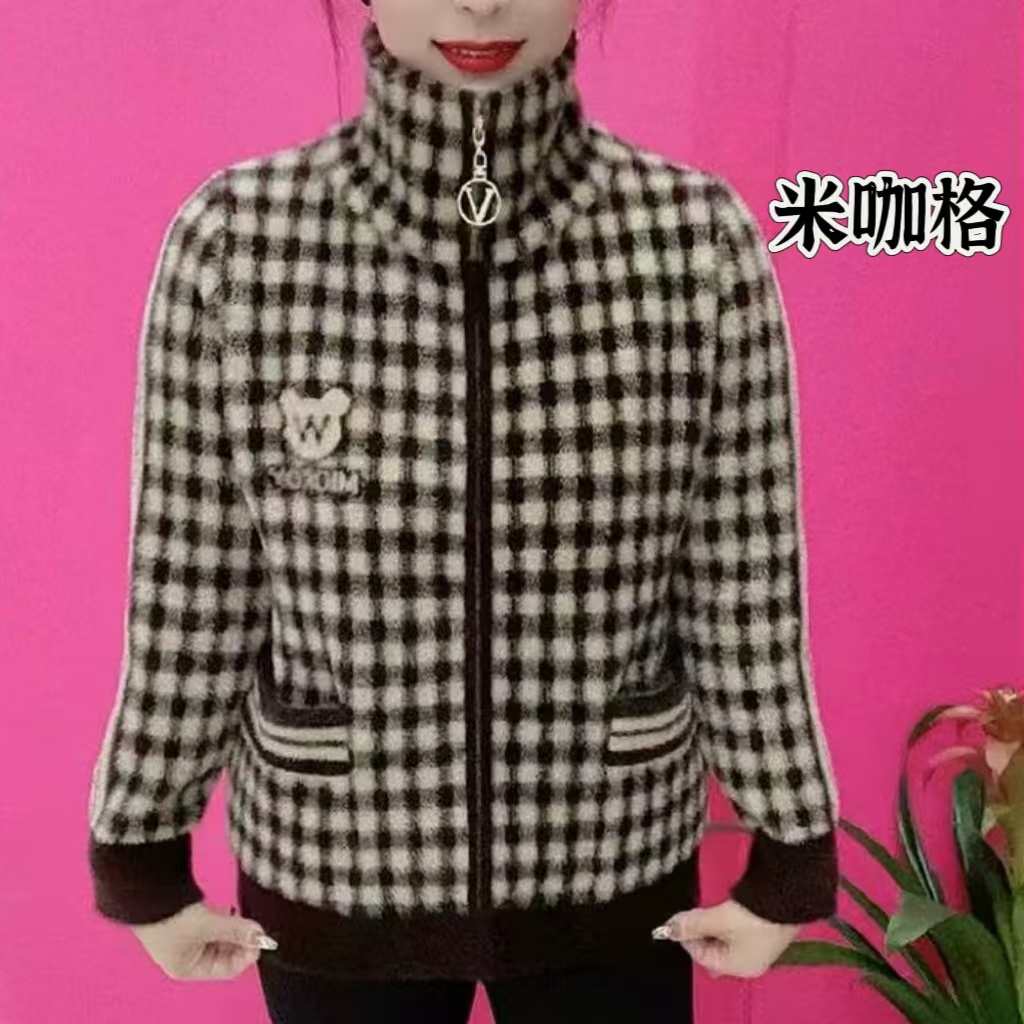 女士立领格子加厚冬季保暖妈妈装上衣 绒衫