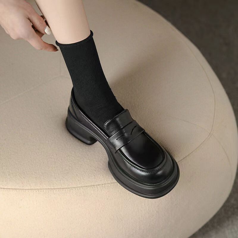厚底乐福鞋女2023年春季新款软底黑色气质百搭休闲小皮鞋