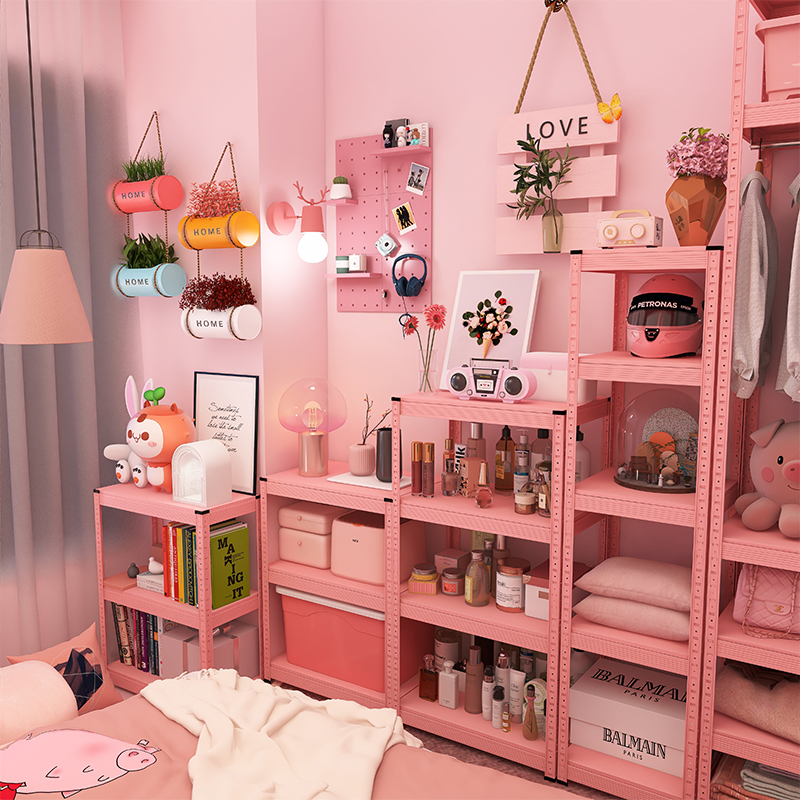 粉色少女心收纳置物架落地多层卧室客厅女孩高颜值铁架子书桌衣架