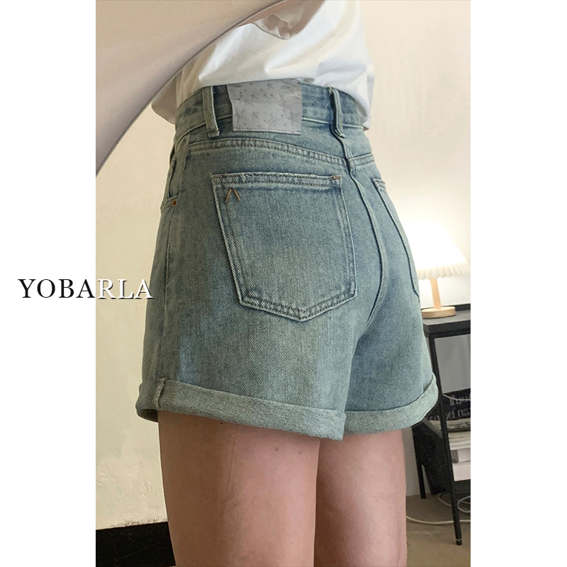 YOBARLA浅色高腰百搭牛仔短裤女夏季新款大码宽松显瘦遮胯a字裤