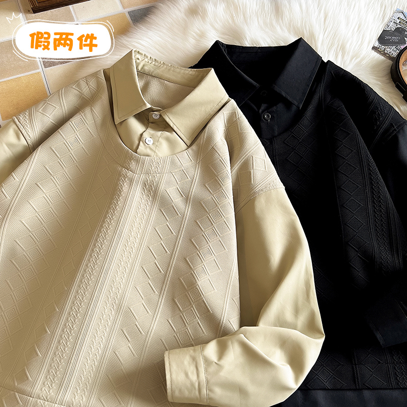 男衬衫冬秋季加绒假两件套头拼接卫衣男款大码情侣同款翻领长袖