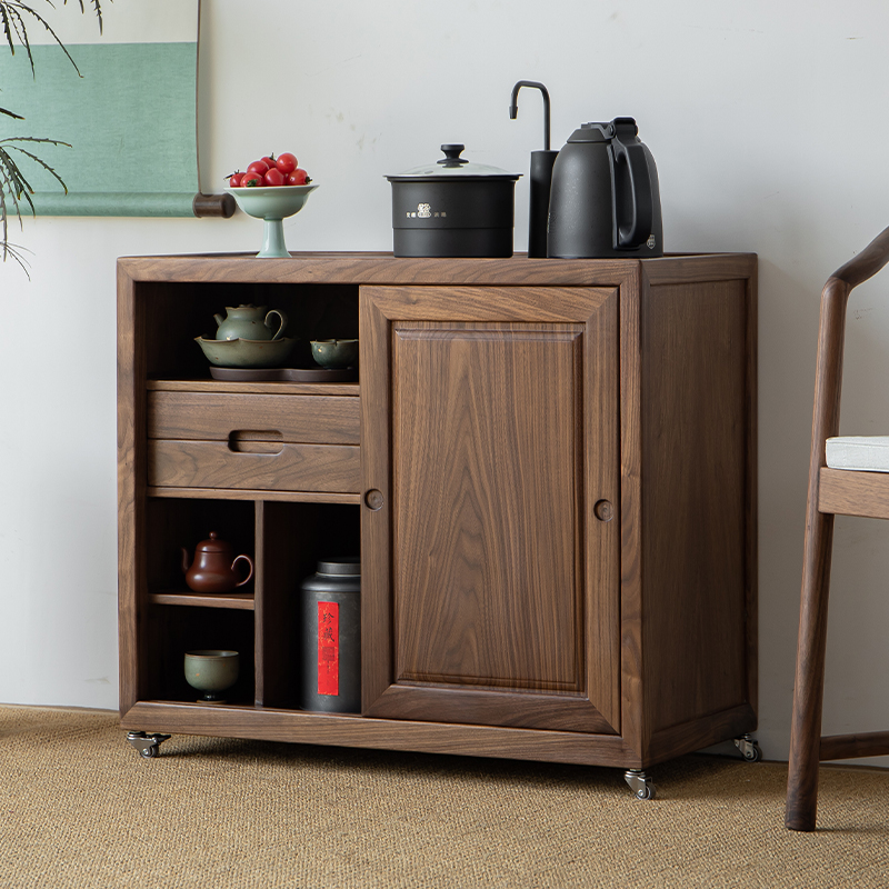 新中式实木茶水柜黑胡桃茶水台下至水桶茶室茶边柜侧边烧水柜一体