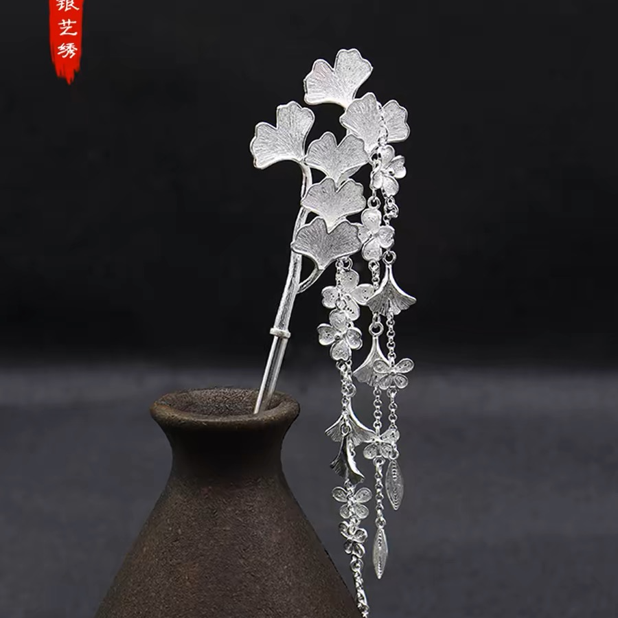 纯银999银杏叶步摇发簪古风簪子小众设计高级感汉服头饰