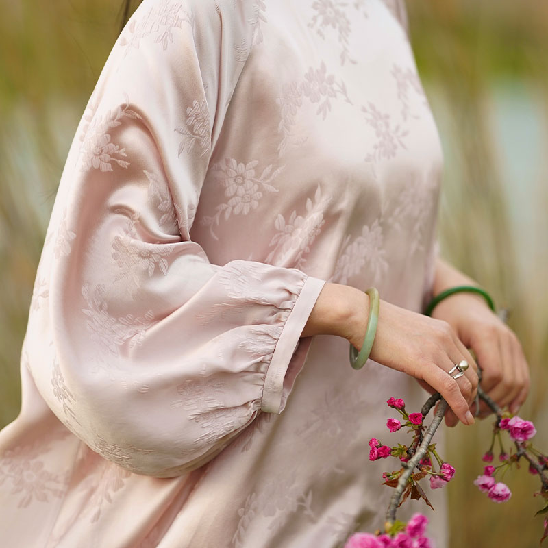 【石喃】原创设计香云纱灯笼袖荷叶边中法连衣裙【江山画】