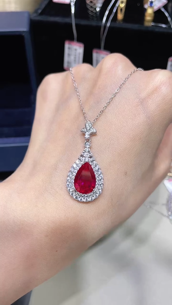 S925银镶嵌合成（培育）红宝石项链777