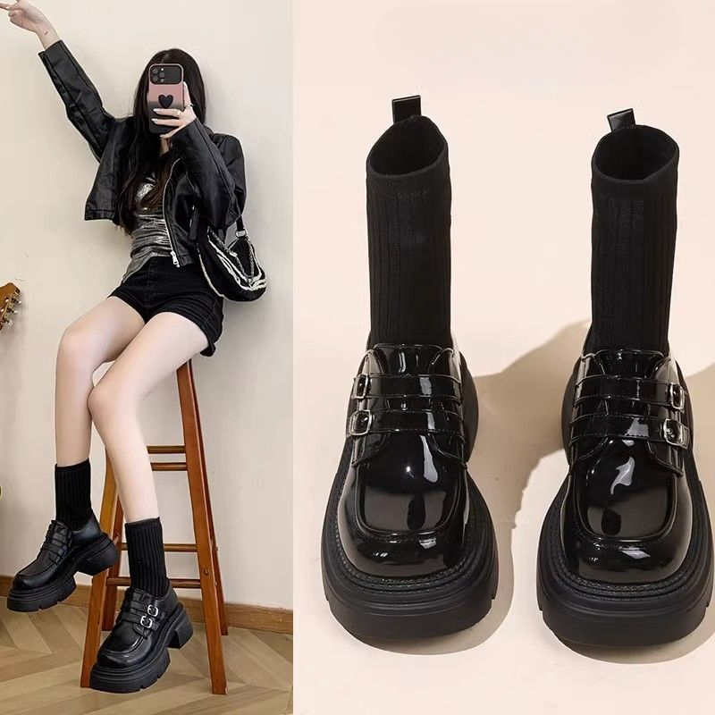 红蜻蜓牌厚底马丁靴女英伦风连袜靴小皮鞋2023春秋新款针织弹力瘦