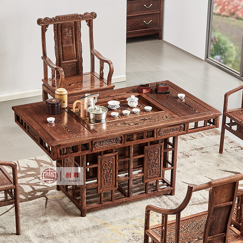 鸡翅木办公茶桌椅组合鸡翅木全实木茶桌茶桌功夫茶桌 红木家具
