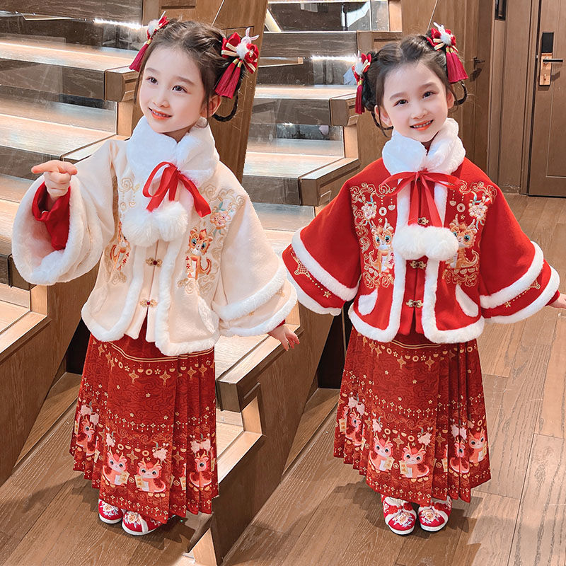 儿童汉服女童秋冬中国加绒宝宝唐装古装加厚新款过年拜年套装冬季