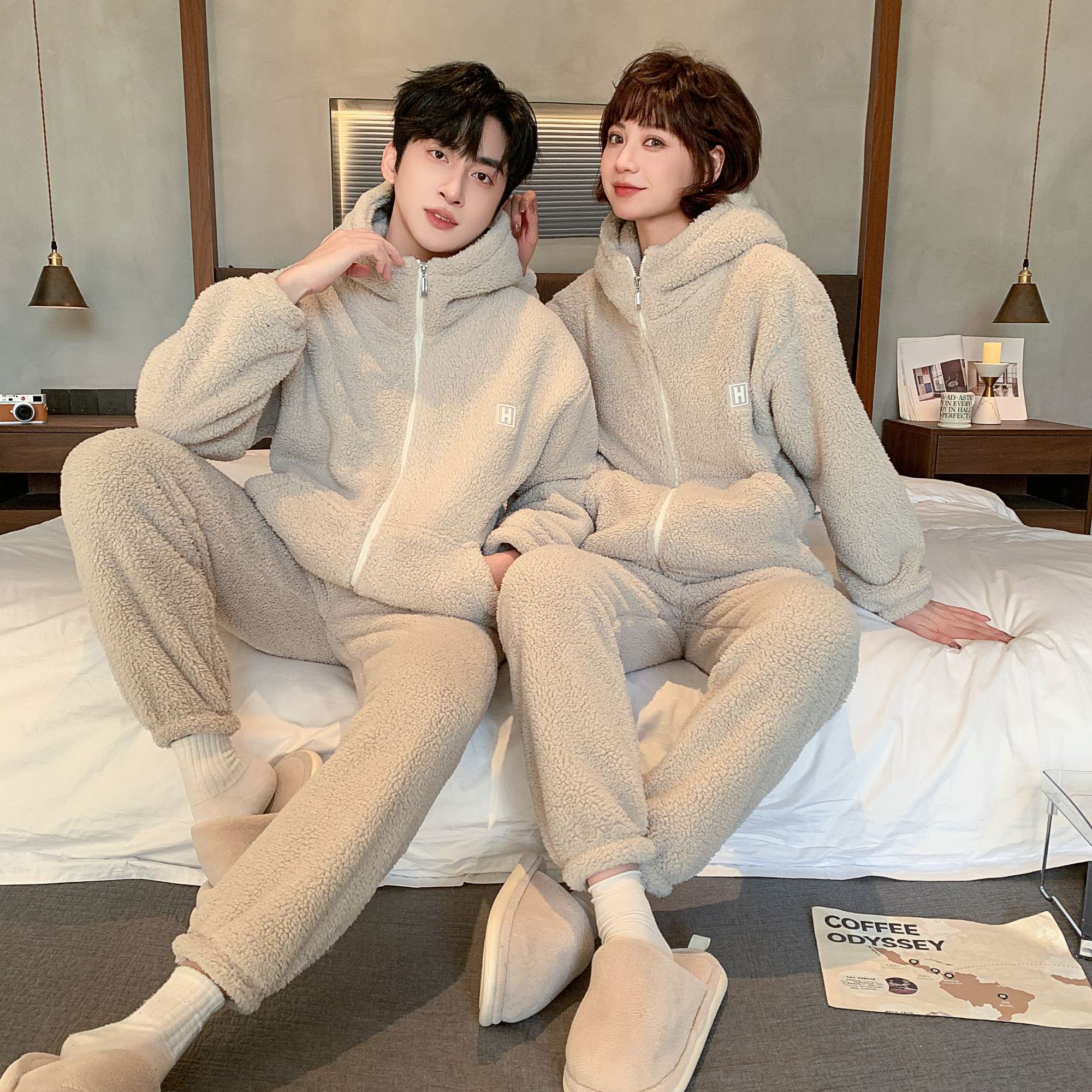 连帽北羔绒加绒加厚男女同款大码冬季家居服可外穿保暖睡衣套装