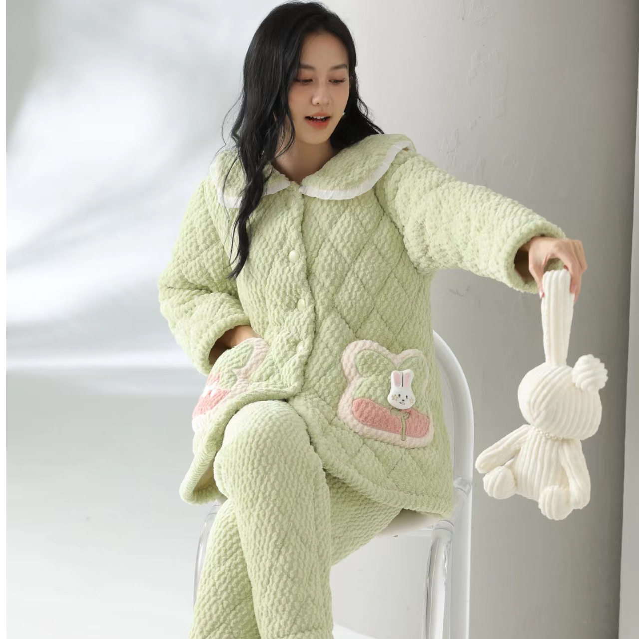5001冬季三层夹棉加厚翻领小兔口袋加绒甜美保暖可外穿睡衣家居服