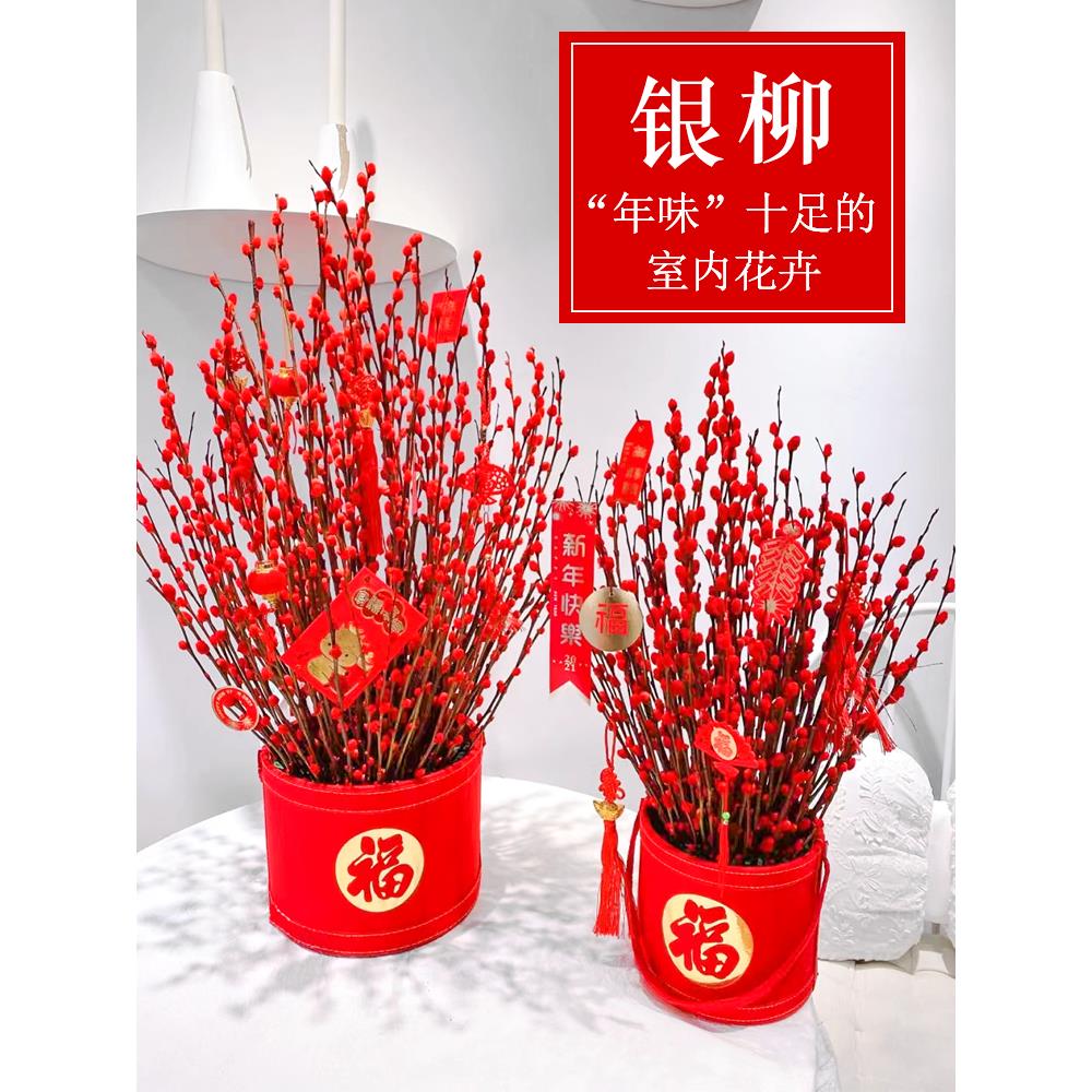 银柳真花鲜枝年宵花卉红色干花福桶银柳水培植物雪柳客厅室内装饰