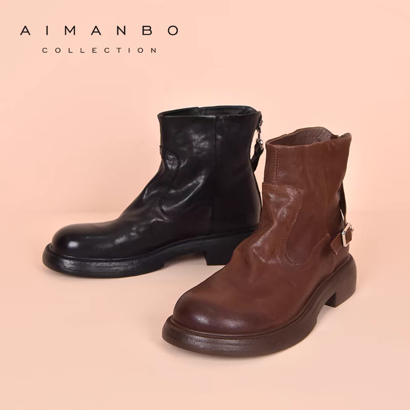 4502漫步佳人2024冬季新款复古擦色牛皮粗跟皮带扣机车短靴