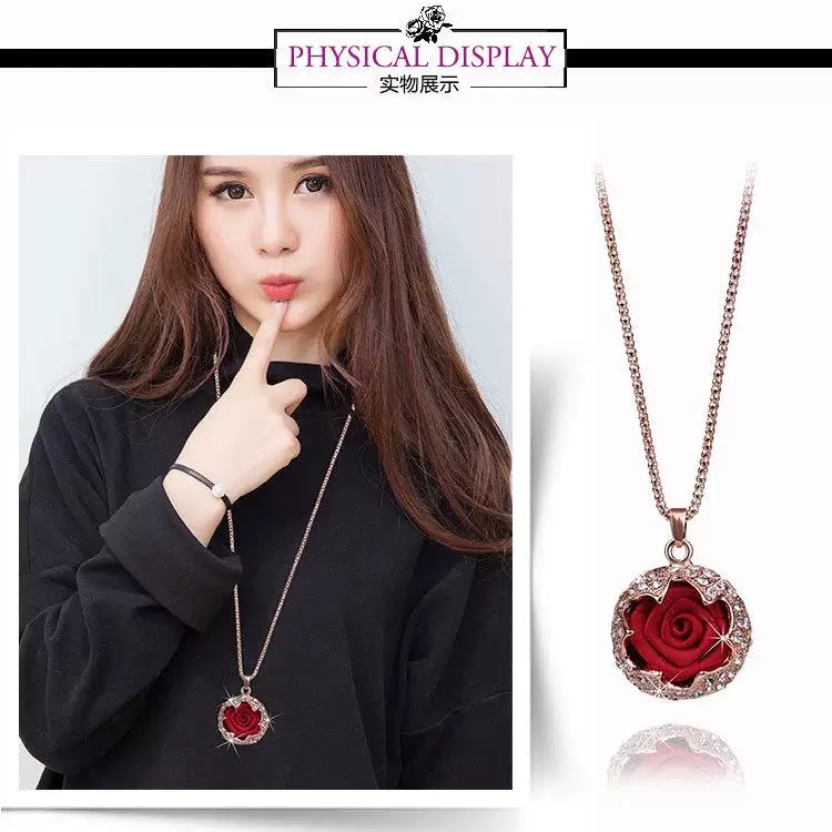【双面玫瑰】镶钻吊坠长款大气高档项链时尚衣服配饰挂件M2020