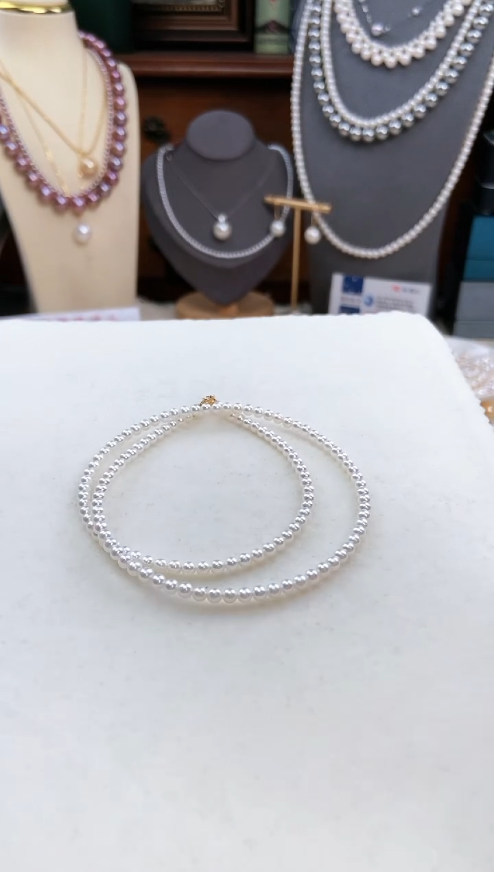 【闪购商品】淡水珍珠项链18K金镶嵌极光正圆3-4mm小米珍珠