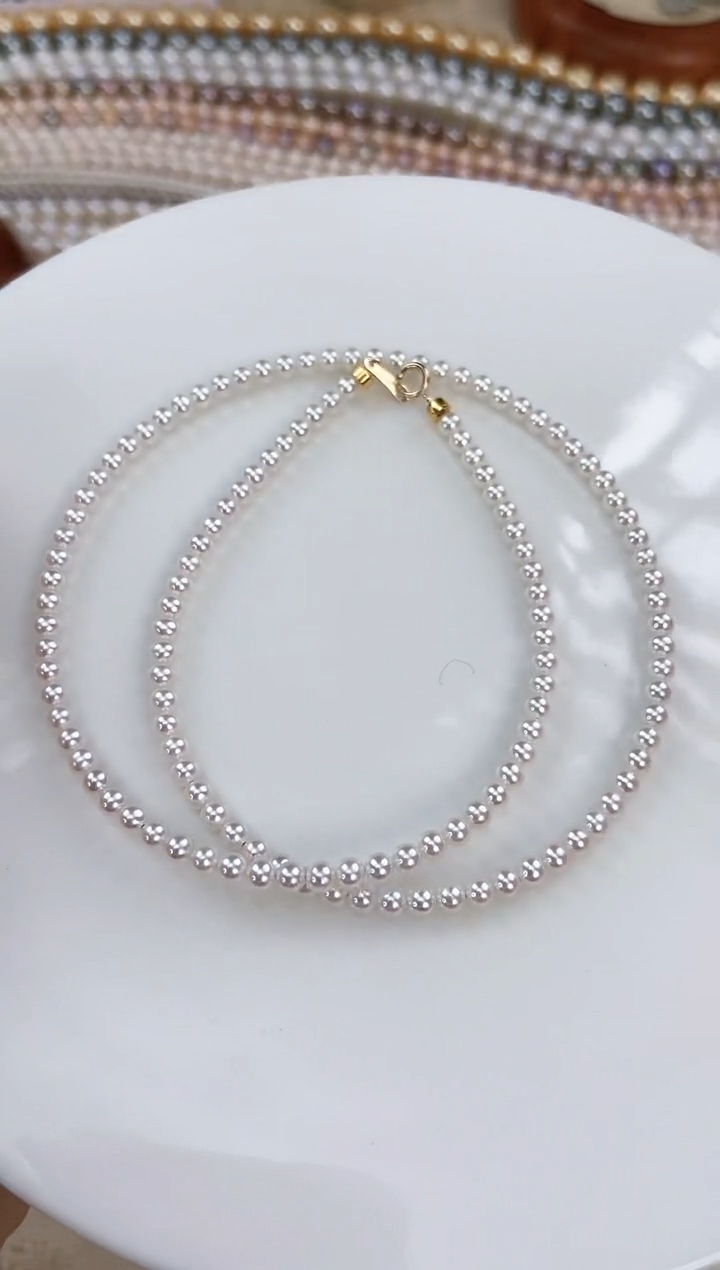【闪购商品】淡水珍珠项链18K金镶嵌极光正圆3-4mm小米珍珠