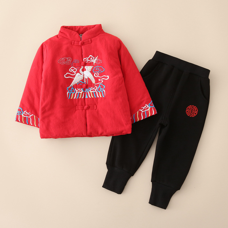 拜年服男童红色喜庆夹棉服儿童中国风复古唐装宝宝汉服加厚新年装