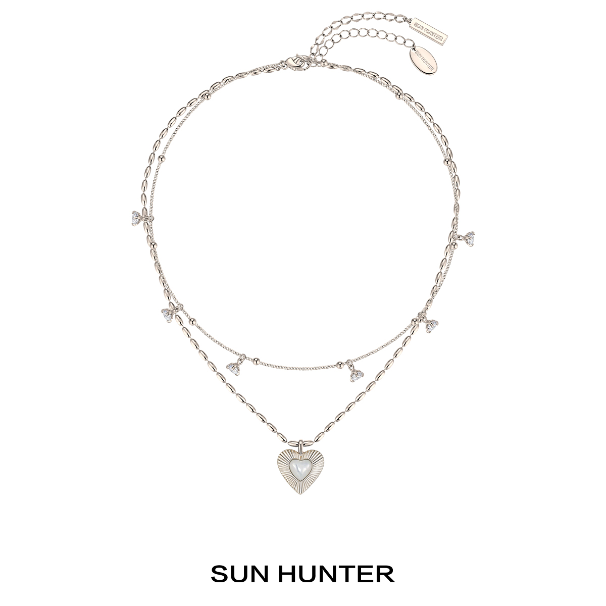 铜合金合成锆石项链 三横SUN HUNTER心形双层项链