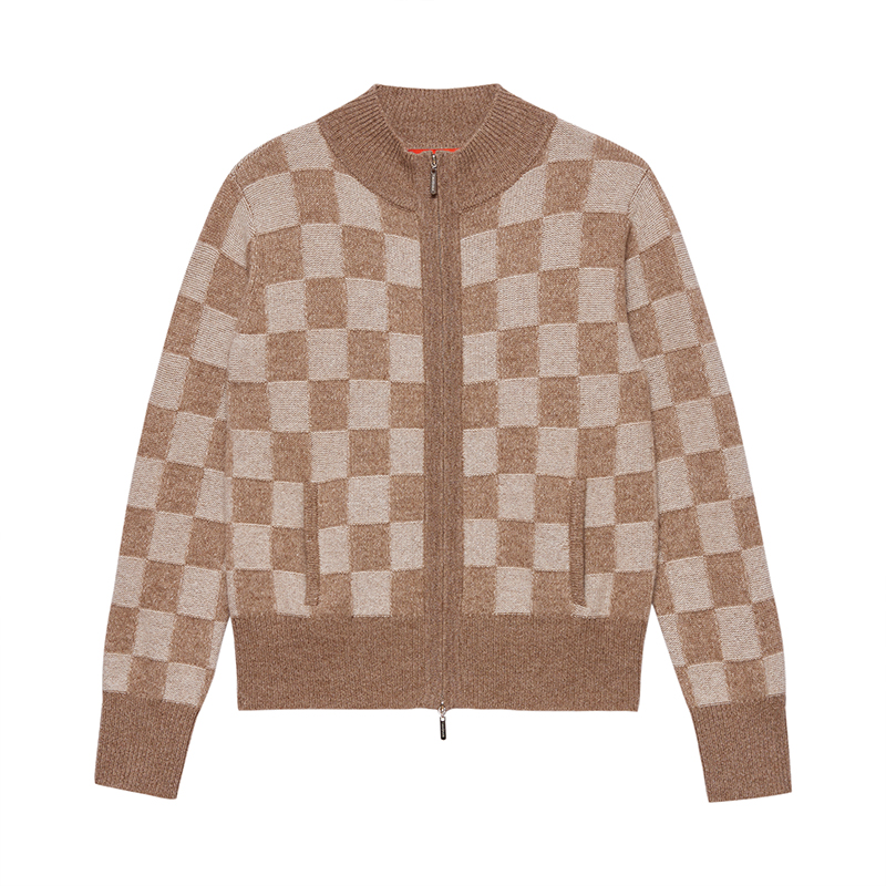 GTS天山羊绒针织衫拉链女开衫100新疆山羊绒通勤外搭女秋冬格纹