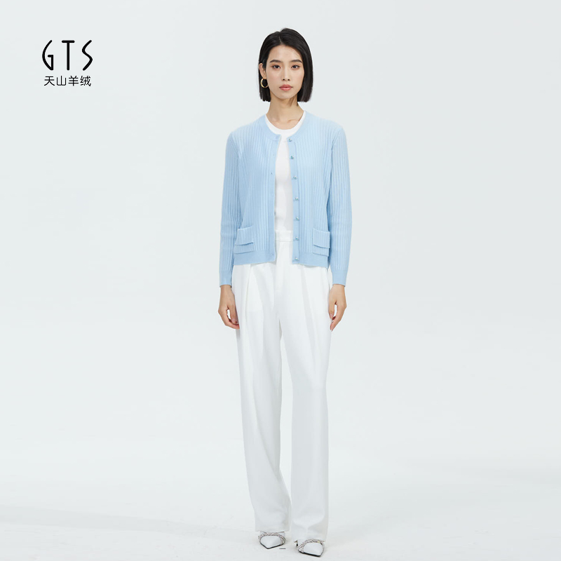 GTS新疆天山羊绒早春新款圆领纯羊绒开衫条纹【欧若风】通勤针织