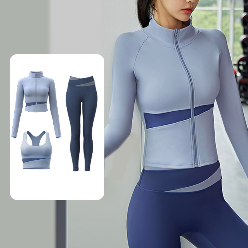 高定【三件套】蜜桃拼色瑜伽外套亲肤裸感无缝运动高领健身服女1