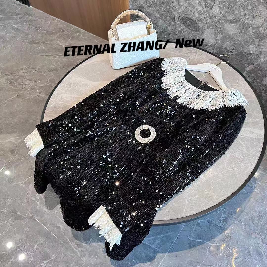 【ZY-&设计】香港高奢供货品质高奢面料亮片拼接镶钻连衣裙 L0069