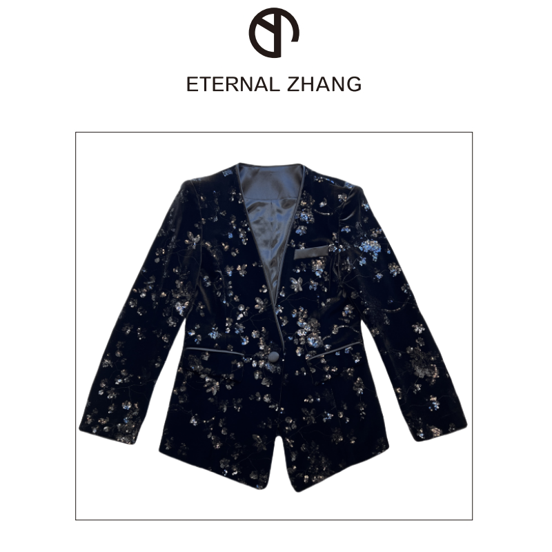 【ZY-原创&设计】高级定制设计师款珠片刺绣西装外套 W0071黑色