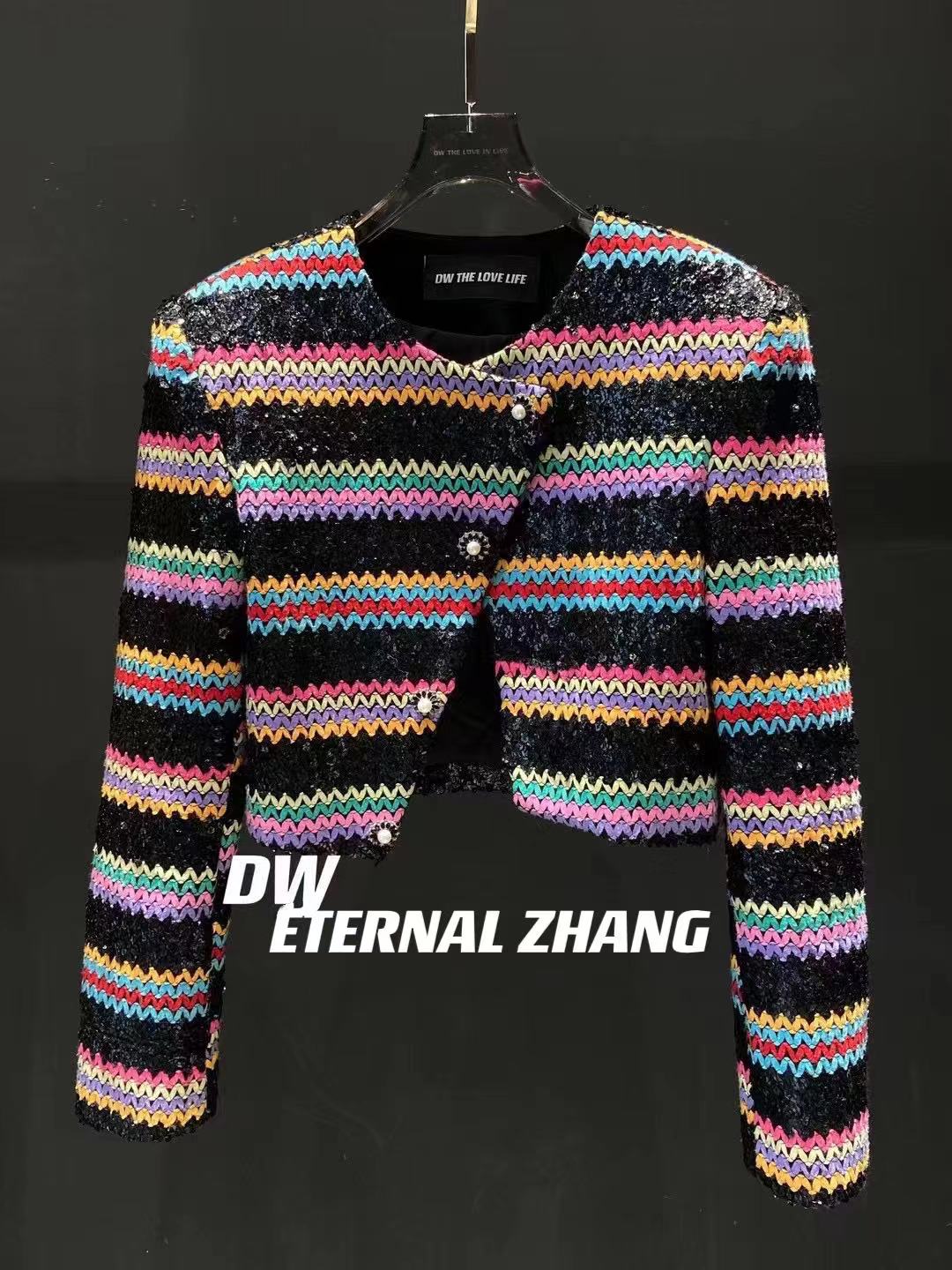 【ZY-高定】香家彩虹编织重工亮片定位对格条纹斜门襟短外套 W0039