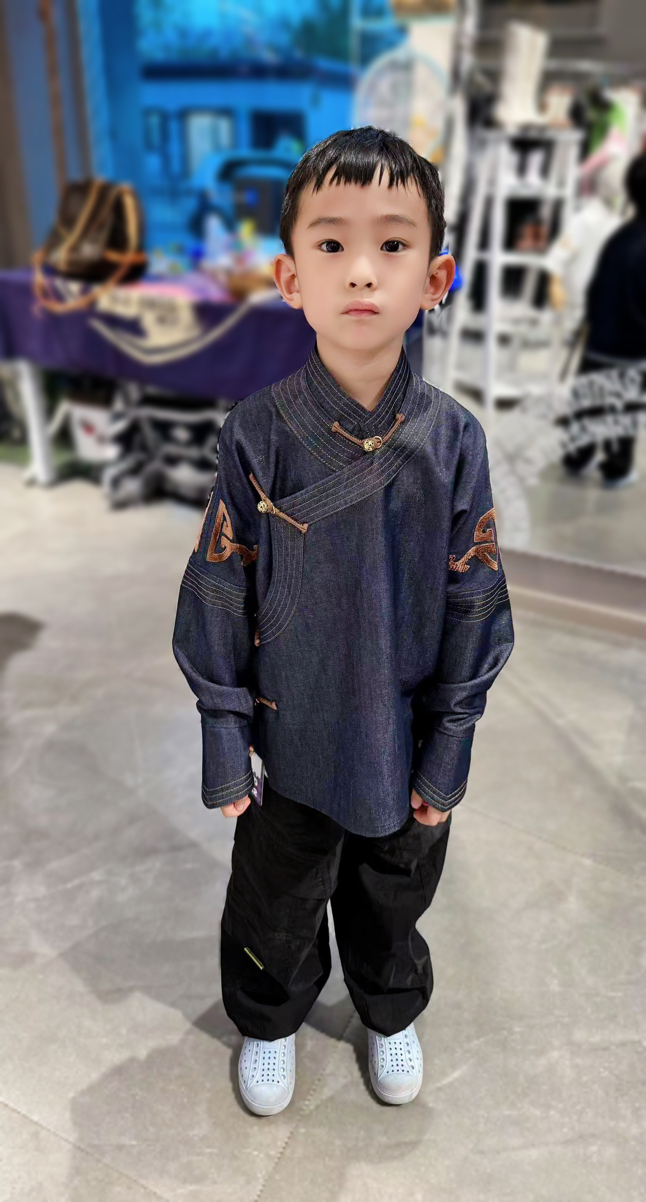 蒙古上衣 亲子装 男女同款小朋友牛仔色 四季款