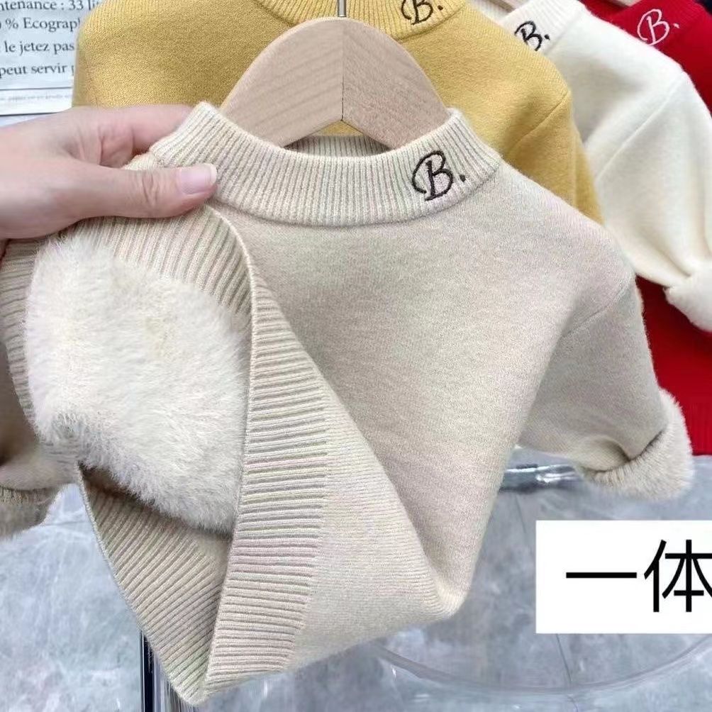 儿童加绒打底衫男童女童一体绒加厚半高领新款洋气长袖T恤新年童