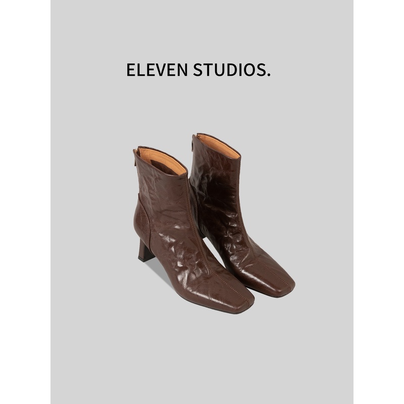 【Eleven.】法式复古手抓羊皮褶皱质感方头后拉链短靴/跟高5.5cm