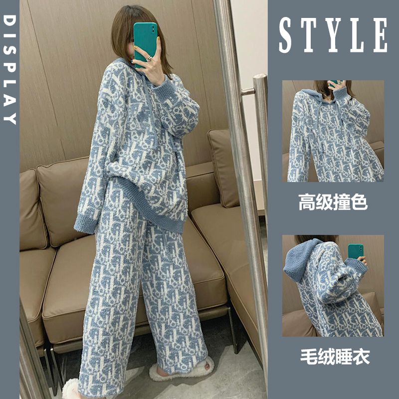 高级撞色连帽半边绒睡衣女冬季加厚小众设计感字母印花家居服套装