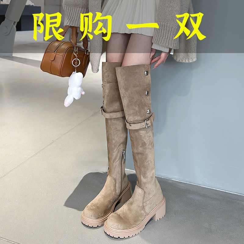红蜻蜓牌复古两穿翻折厚底西部靴秋冬新款百搭绒长筒靴过膝粗跟