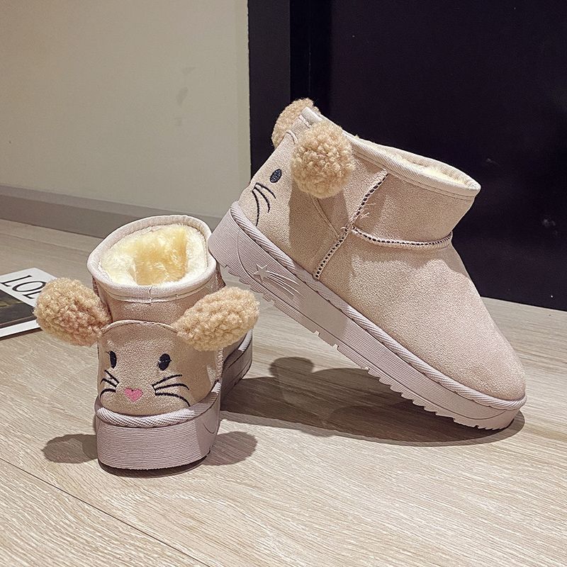 可爱猫咪雪地靴女2023年新款短筒冬季棉鞋加厚加绒低帮日系保暖鞋