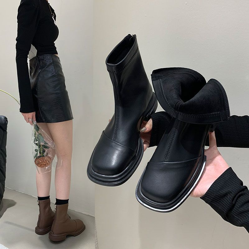 回力瑞瘦瘦靴女方头百搭仙女2023秋冬软底粗跟马丁靴女英伦风切尔
