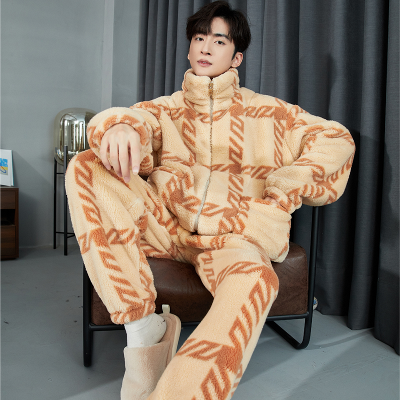 秋冬季男士连帽宽松加绒加厚保暖休闲冬款睡衣家居服套装
