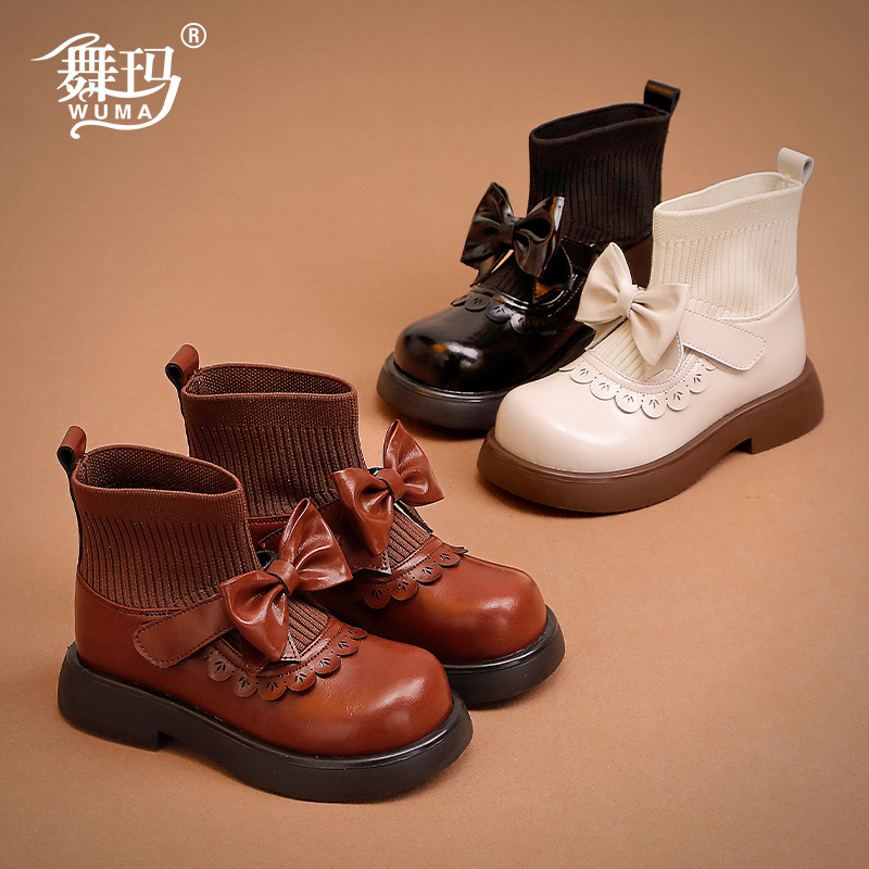 舞玛女童马丁靴儿童短靴2023新款宝宝秋冬加绒袜口靴二棉鞋234912