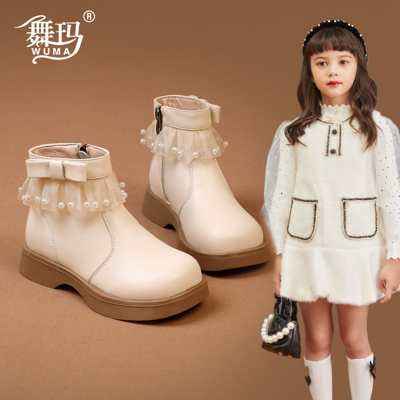 舞玛女童单靴儿童短靴2025新款宝宝秋冬款洋气加绒冬季棉鞋234229