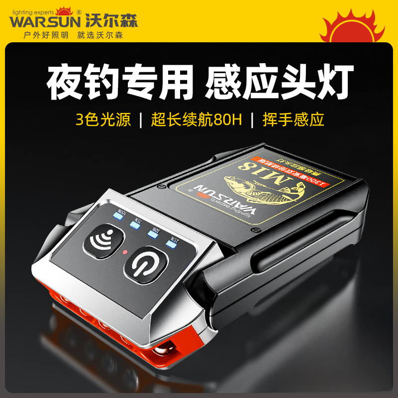 沃尔森M18夜钓头灯钓鱼专用超长续航感应帽夹灯强光头戴式轻充电