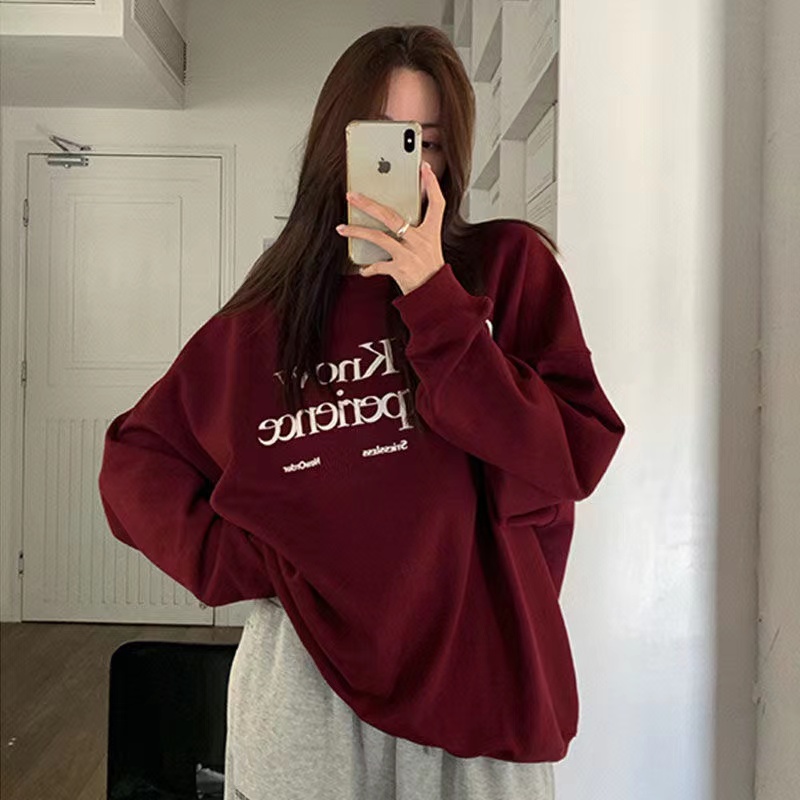 酒红色字母圆领卫衣女春秋宽松oversize慵懒风套头秋冬长袖上衣