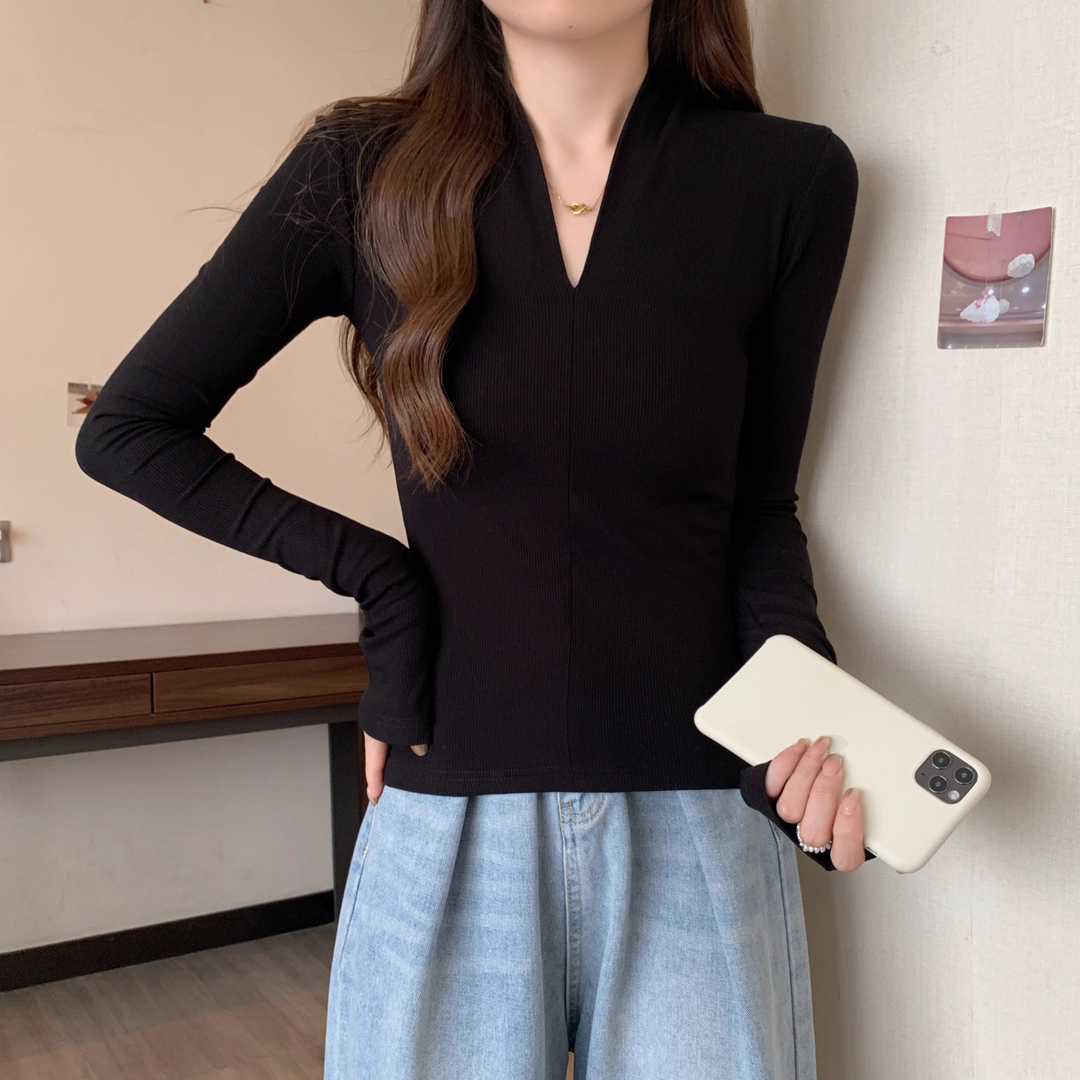 性感纯欲风黑色v领显瘦纯色上衣打底衫春秋内搭T恤女外穿紧身