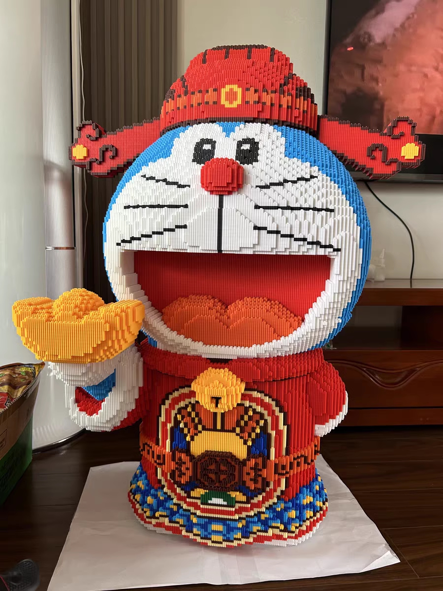乐高财神哆啦A梦积木小颗粒国潮益智拼装玩具吉祥摆件礼物男女孩8