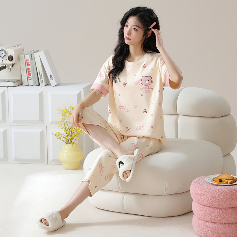 夏季七分裤女士睡衣套装短袖可爱可外穿休闲轻奢卡通宽松家居服