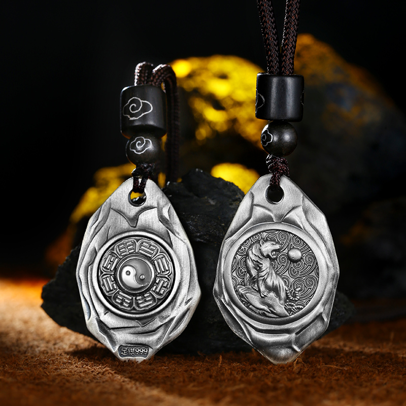 船承 吊坠足银 三生石十二生肖纯银吊坠复古可转动八卦本命年项链