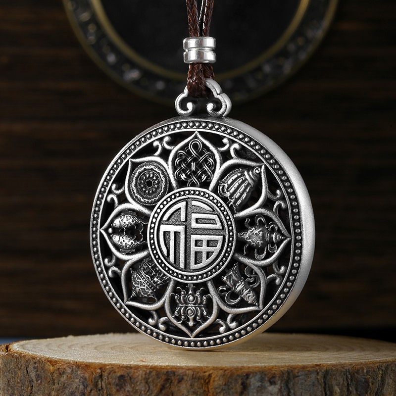 吊坠足银 双面佛八宝罗盘纯银吊坠男士手工古法花丝花开富贵挂坠