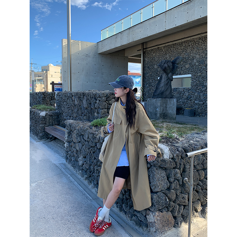 银河汽水 长款斜门襟立领大口袋风衣女外套宽松休闲中长款秋季