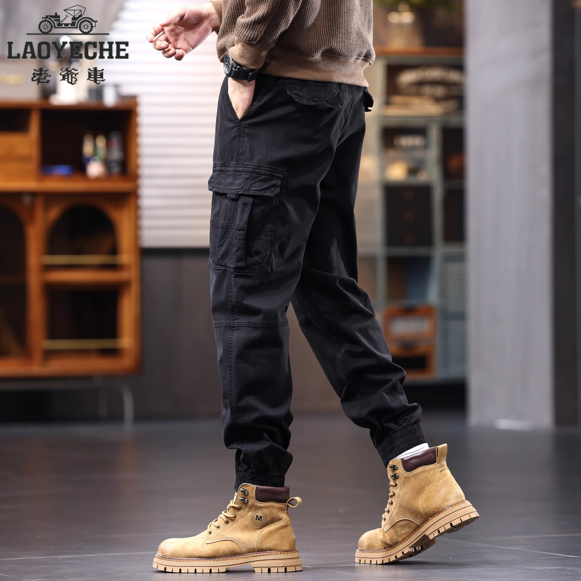 美式潮流黑色工装裤男士2025秋冬新款宽松潮牌束脚休闲百搭长裤子