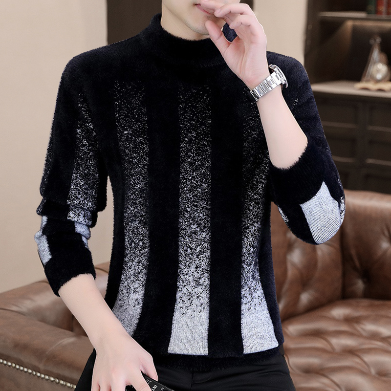 个性百搭男士仿水貂绒毛衣秋冬季修身加厚半高领打底竖条保暖线衣