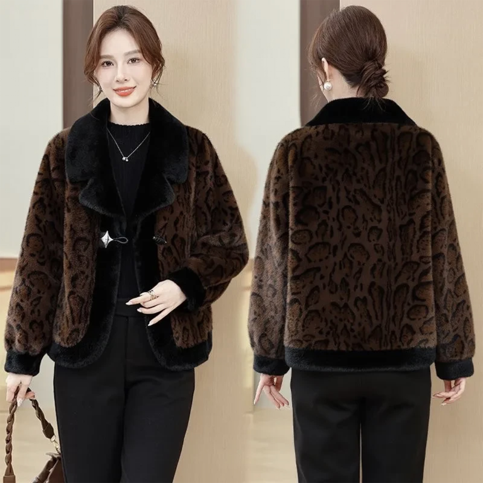 【海宁优选】冬季加厚设计师气质韩版保暖女士时尚百搭豹纹短款外套